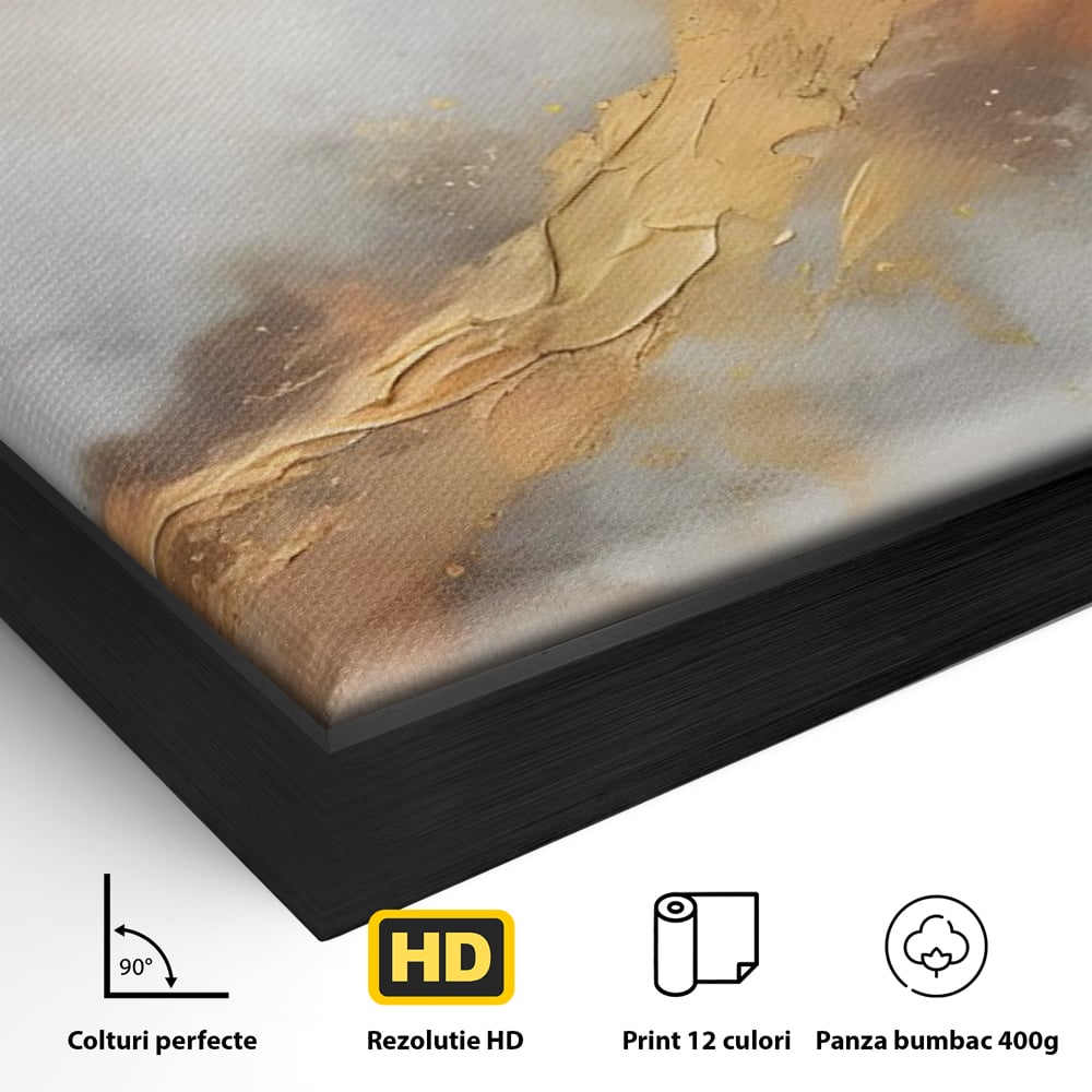 Detaliu al suprafetei: pictura abstracta cu tusa aurie si tonuri gri, in rama de aluminiu negru